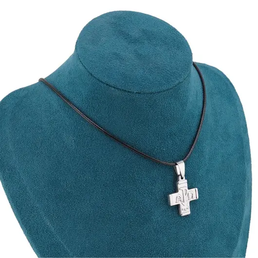Colier cu pandantiv cruce argintie cu simbolul Alpha si Omega, 32mm, imagine 3