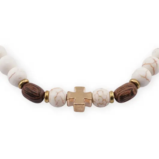 Bratara cu nod culisant lemn natural, Magnezit si cruce aurie, imagine 2