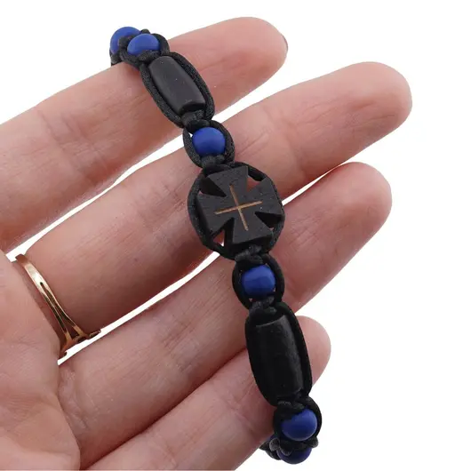 Bratara cu nod culisant lemn negru si albastru, cruce centrala, imagine 3