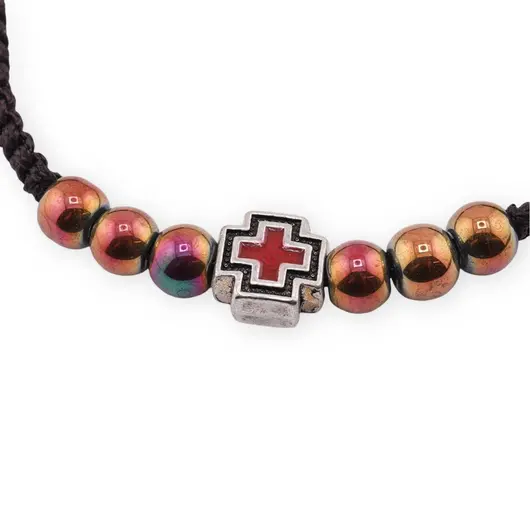 Bratara cu nod culisant margele iridescente si cruce rosie gravata, imagine 2