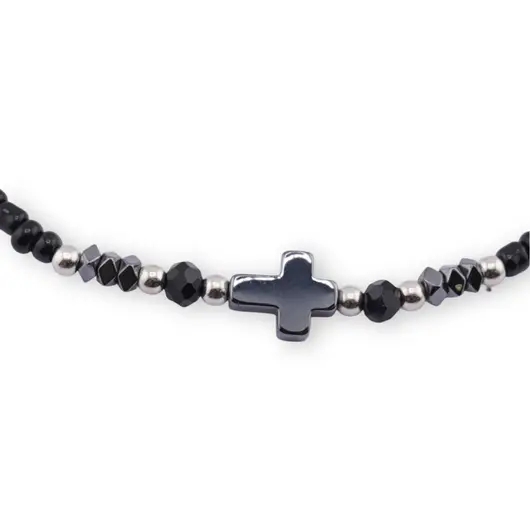 Bratara cu nod culisant margele margele negre si cruce din Hematit, imagine 2