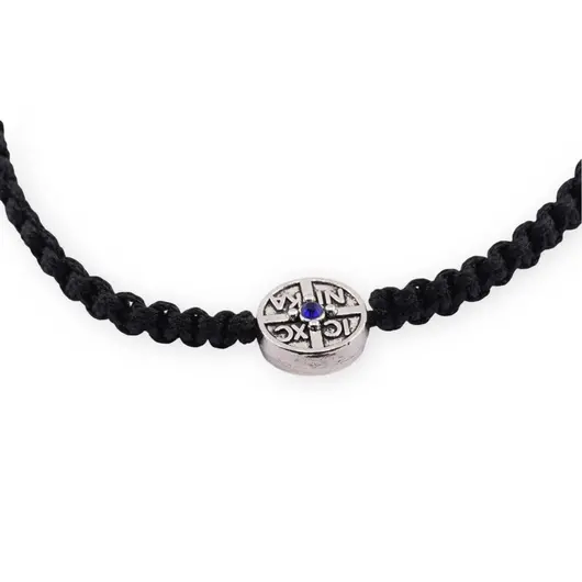 Bratara cu nod culisant negru si medalion rotund argintiu cu cristal albastru, imagine 2