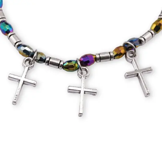 Bratara pe elastic cu Hematit electroplacat, elemente argintii si cruci charm, imagine 2