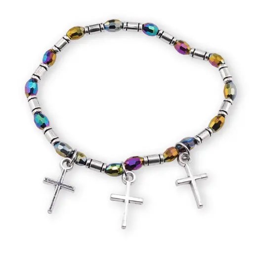 Bratara pe elastic cu Hematit electroplacat, elemente argintii si cruci charm