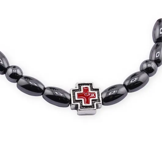 Bratara pe elastic cu hematit, margele roz si cruce rosie incrustata, imagine 2