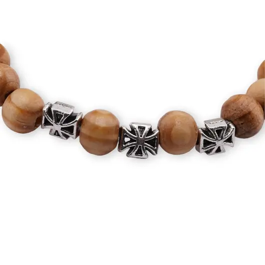 Bratara pe elastic cu lemn natural, elemente decorative argintii cu motive traditionale, imagine 2