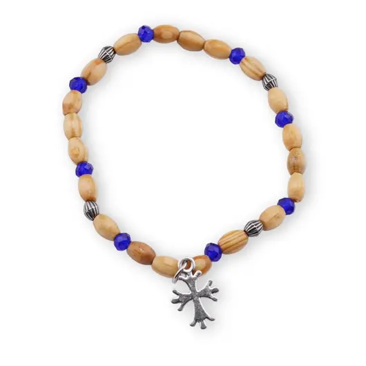 Bratara pe elastic cu lemn natural, margele albastre si charm cruce stilizata