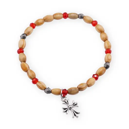 Bratara pe elastic cu lemn natural, margele rosii si charm cruce stilizata