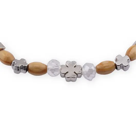 Bratara pe elastic cu lemn natural, margele transparente si elemente argintii, imagine 2