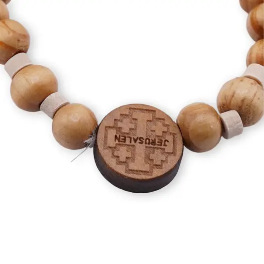 Bratara pe elastic cu lemn natural, medalion gravat cu crucea Ierusalimului, imagine 2