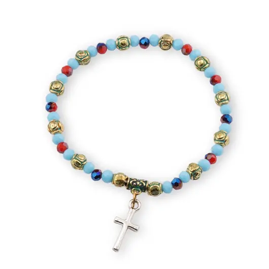 Bratara pe elastic cu margele multicolore, elemente aurii si cruce charm