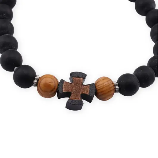 Bratara pe elastic cu margele negre, lemn natural si cruce centrala, imagine 2