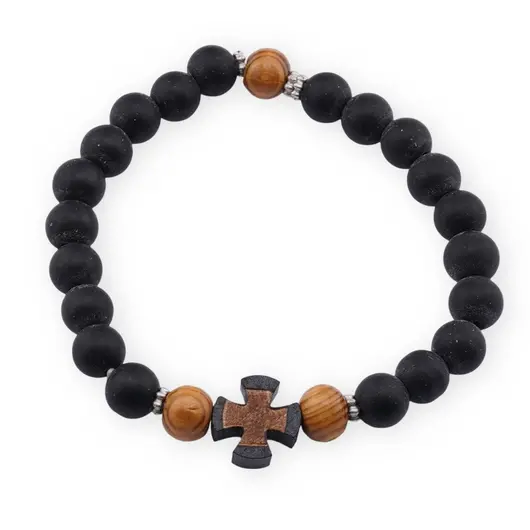 Bratara pe elastic cu margele negre, lemn natural si cruce centrala