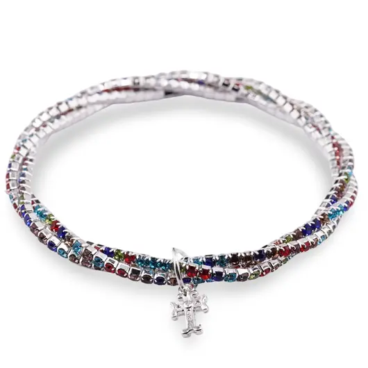 Bratara pe elastic cu trei randuri si cruce, zirconii multicolore, imagine 2
