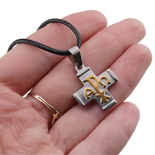 Colier cu pandantiv cruce argintie si auriu cu simbolul Alpha si Omega, 32mm, imagine 4