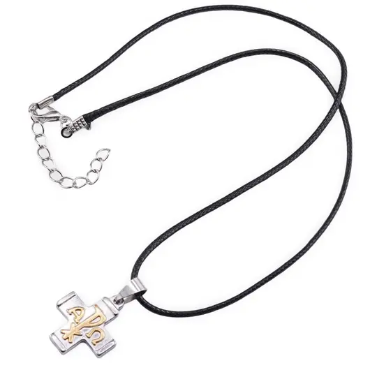 Colier cu pandantiv cruce argintie si auriu cu simbolul Alpha si Omega, 32mm