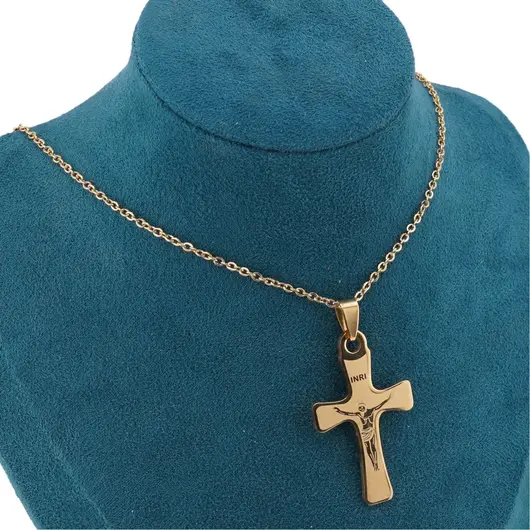 Colier cu pandantiv cruce aurie cu Iisus crucificat, 50mm, imagine 3
