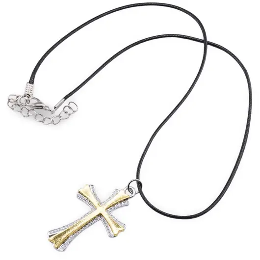 Colier cu pandantiv cruce dubla argintiu cu auriu gravata, 48mm