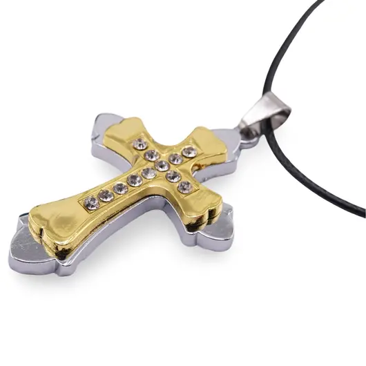 Colier cu pandantiv cruce dubla cu zirconii, 55mm, imagine 2