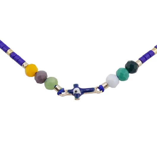 Bratara reglabila cu margele multicolore si cruce cu Ochi protector, snur albastru, imagine 2