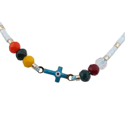 Bratara reglabila cu margele multicolore si cruce cu Ochi protector, snur bleu, imagine 2