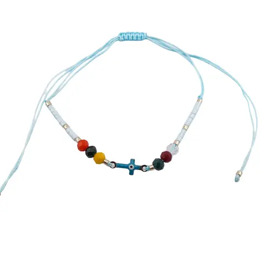 Bratara reglabila cu margele multicolore si cruce cu Ochi protector, snur bleu