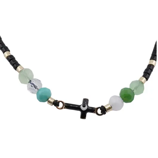 Bratara reglabila cu margele multicolore si cruce cu Ochi protector, snur negru, imagine 2