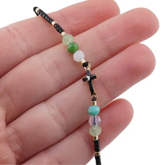 Bratara reglabila cu margele multicolore si cruce cu Ochi protector, snur negru, imagine 3
