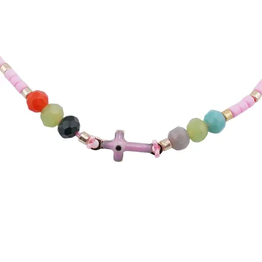 Bratara reglabila cu margele multicolore si cruce cu Ochi protector, snur roz, imagine 2