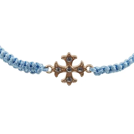 Bratara reglabila pe nod culisant cu cruce aurie si zirconii, snur bleu, imagine 2