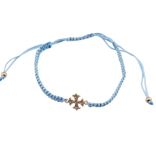 Bratara reglabila pe nod culisant cu cruce aurie si zirconii, snur bleu