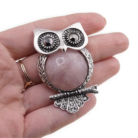 Brosa argintie model Bufnita cu Cuart roz, 55x35mm, imagine 3