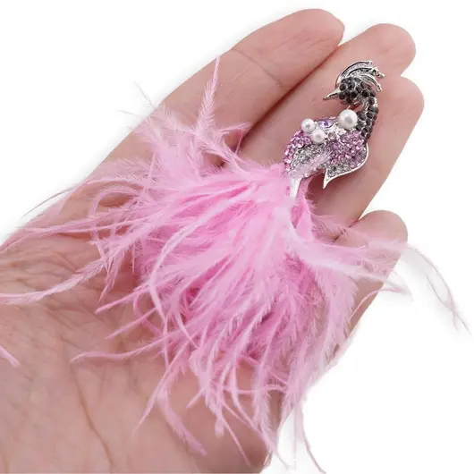 Brosa argintie, model paun cu pene roz si zirconii - 90mm, imagine 3