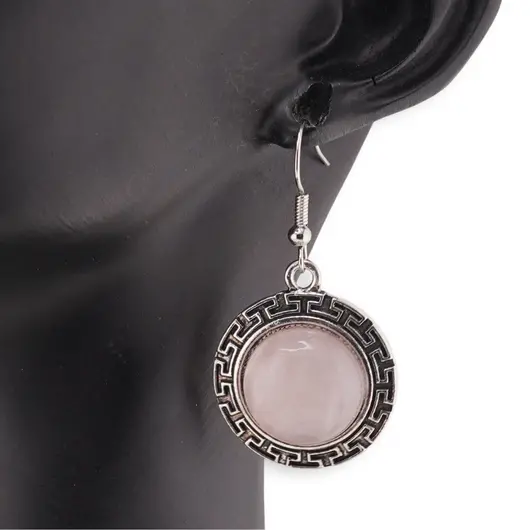 Cercei cu agatatoare Cuart roz in montura argintie - model rotund gravat, 24mm, imagine 2