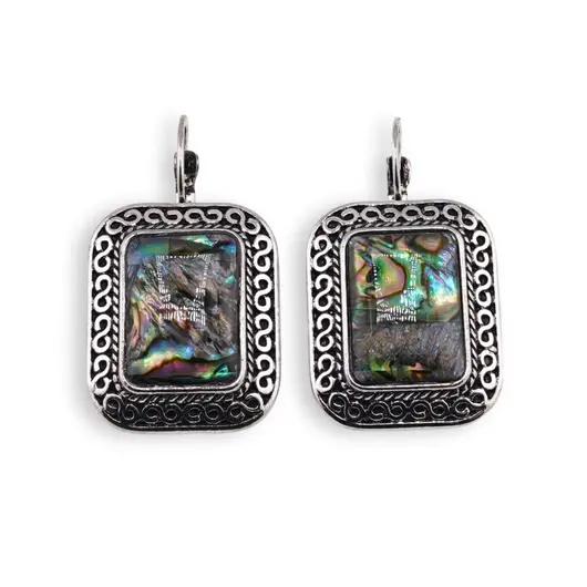 Cercei cu agatatoare Scoica Abalone in montura argintie - model patrat cu gravura infinit, 28mm