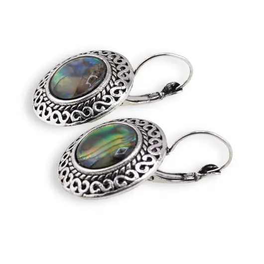 Cercei cu agatatoare Scoica Abalone in montura argintie - model rotund cu gravura infinit, 24mm, imagine 2