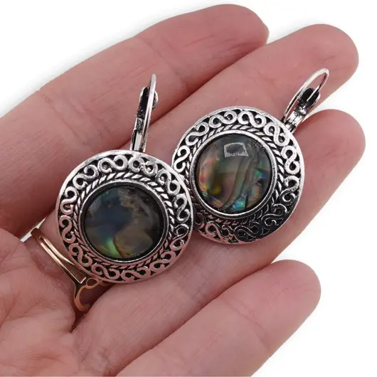 Cercei cu agatatoare Scoica Abalone in montura argintie - model rotund cu gravura infinit, 24mm, imagine 3