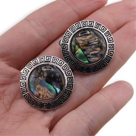 Cercei cu clipsuri Scoica Abalone in montura argintie - model rotund, 25mm, imagine 3