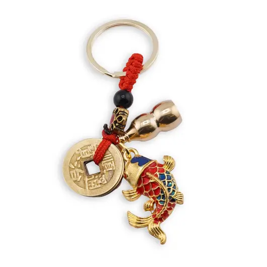Breloc Feng Shui cu peste Koi, Wu Lou si monede chinezesti pentru bogatie, premium