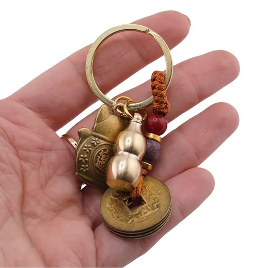 Breloc Feng Shui pentru atragerea prosperitatii cu pisica Maneki neko si Wu Lou, imagine 3