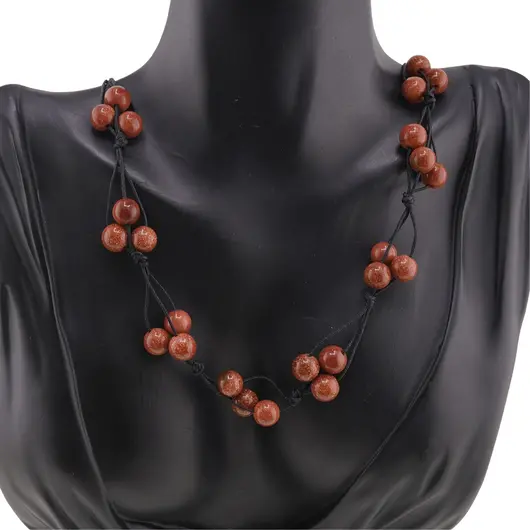 Colier confectionat manual pe snur cu Goldstone maro sfere, 8mm, imagine 3
