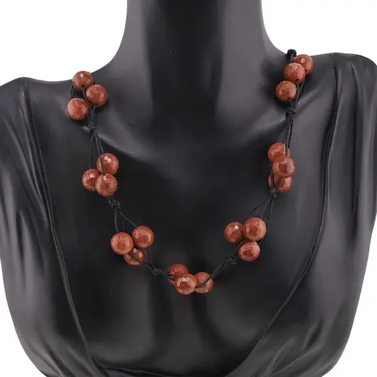 Colier confectionat manual pe snur cu Goldstone maro sfere fatetate, 9mm, imagine 3