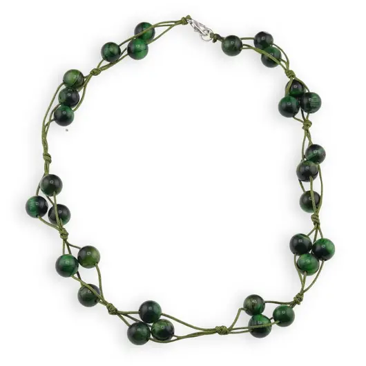 Colier confectionat manual pe snur cu Ochi de tigru verde sfere, 8mm