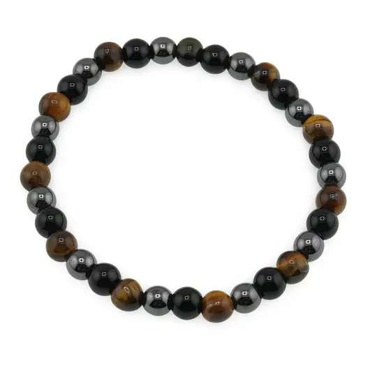 Bratara pentru protectie Ochi de tigru, Hematit si Obsidian negru sfere pe elastic, 6mm
