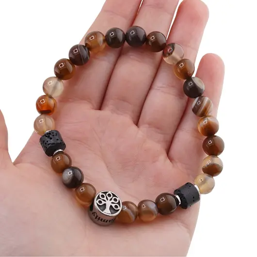 Bratara pe elastic Agat maro sfere 8mm cu element Pomul Vietii in cutie cadou, imagine 3