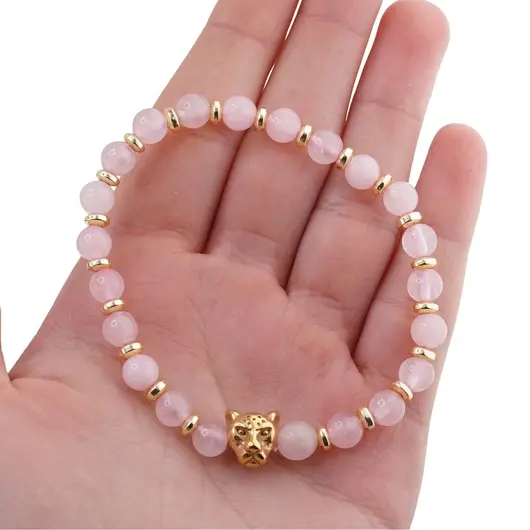 Bratara pe elastic Cuart roz sfere 6mm cu element tigru in cutie cadou, imagine 4