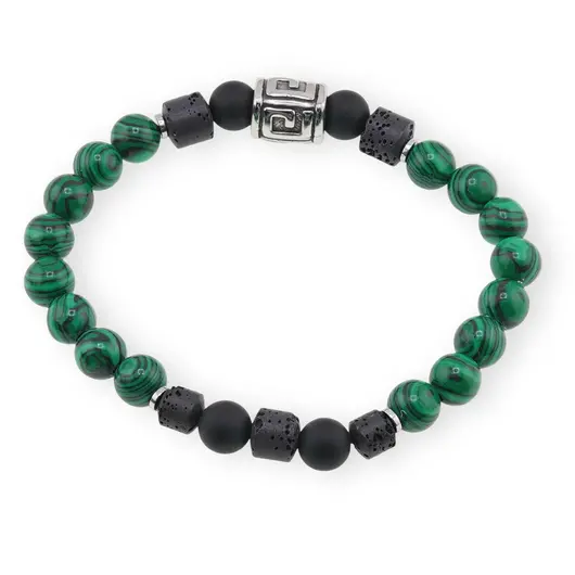 Bratara pe elastic Malachit si Onix mat sfere 8mm cu element argintiu in cutie cadou, imagine 2