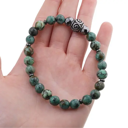 Bratara pe elastic Turcoaz African si Hematit sfere 8mm cu element argintiu in cutie cadou, imagine 3