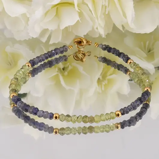 Bratara Peridot si Iolith discuri fatetate 3mm cu bumbi aurii, imagine 3