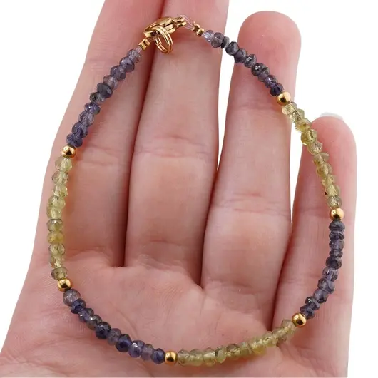 Bratara Peridot si Iolith discuri fatetate 3mm cu bumbi aurii, imagine 4